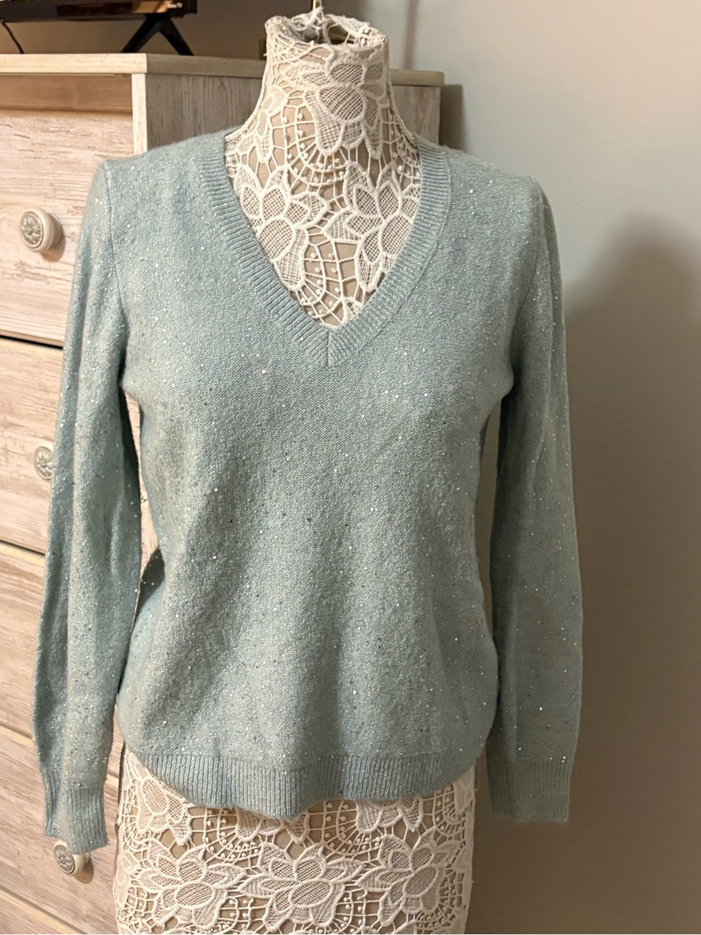 LOFT Light Mint Sparkle V-Neck Sweater
